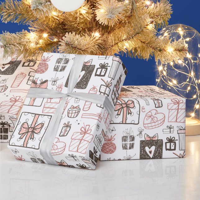 Papel De Presente Doodle Whimsical Oferece Bonito De Natal Rosa (Feriados)