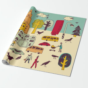 Papel De Presente Doodles parque urbano paisagem andando cor cidade