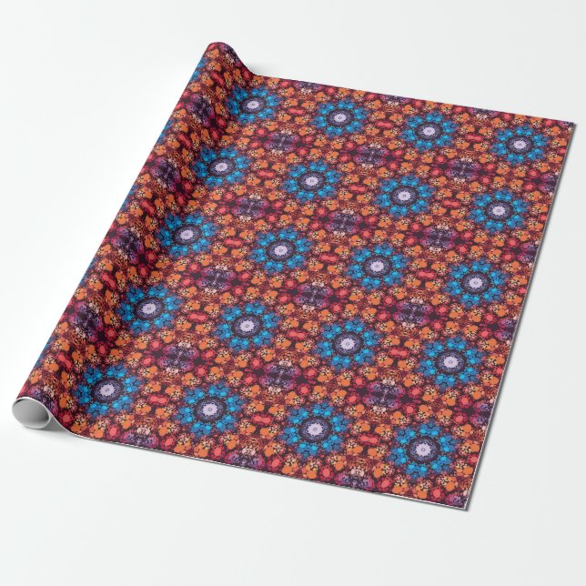 Papel De Presente Dot Mandala Blue Red and Orange (Desenrolado)