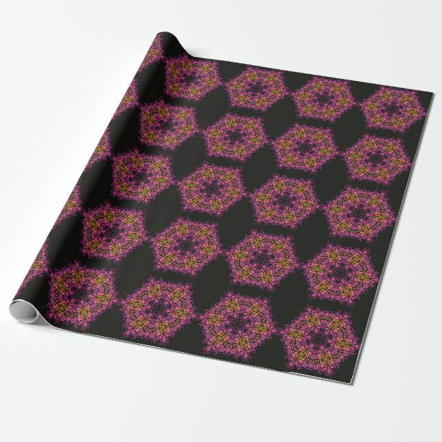 Papel De Presente Dot Mandala Flor Rosa Amarelo e Preto (Desenrolado)