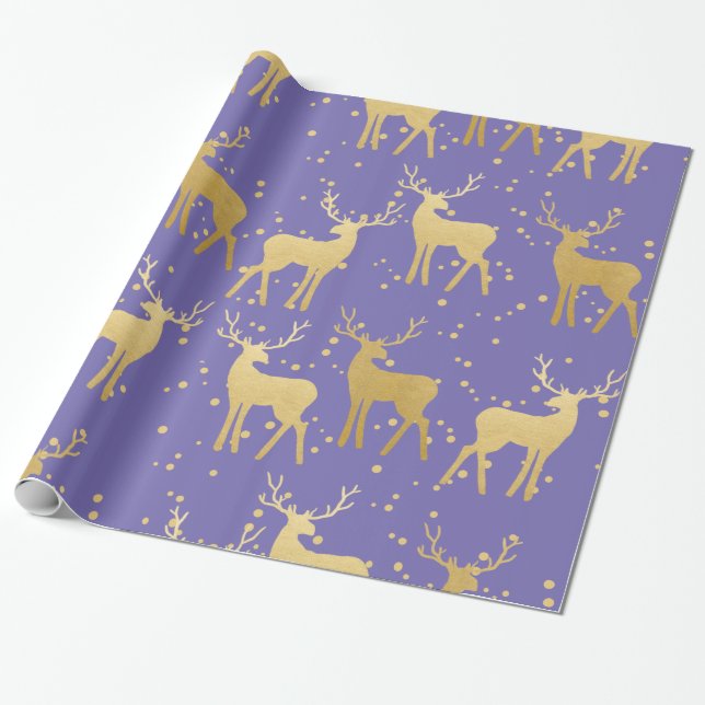 Papel De Presente Dourada Antler Reindeer Elegante Bolinhas Periwink (Desenrolado)