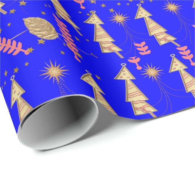 Papel De Presente Dourada Árvores de Natal Azul (Ponta do rolo)