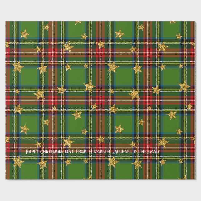 Papel De Presente Dourada Estrela Verde Tartan Natal Personalizado (Aberto)