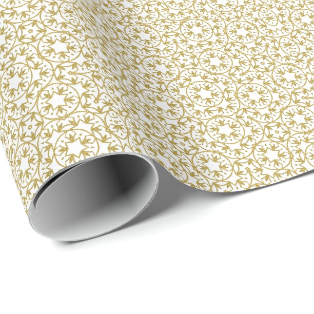 Papel De Presente Dourada falha de padrão das estrelas de Natal (Ponta do rolo)