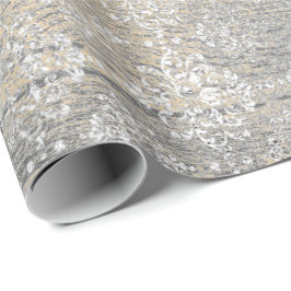 Papel De Presente Dourada Foxier Damask Silver Cinza Madeira Shabby 