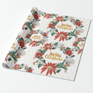 Papel De Presente Dourada Freguiça de Natal Feliz com Poinsettia