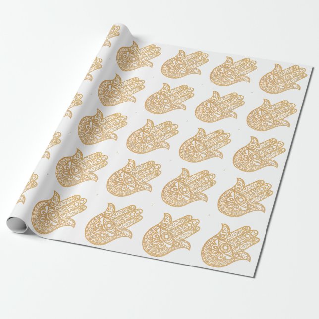 Papel De Presente Dourada Glitter Hamsa Lucky Mystical White (Desenrolado)
