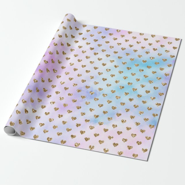 Papel De Presente Dourada Glitter Hearts Aqua Purple Ombre (Desenrolado)
