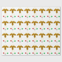 Papel De Presente Dourada Holly Jingle Bells White Wrappaper