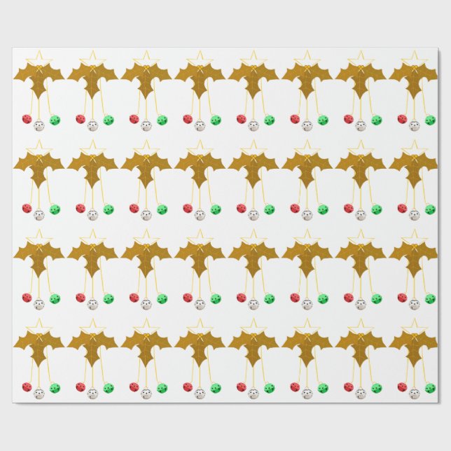 Papel De Presente Dourada Holly Jingle Bells White Wrappaper (Aberto)
