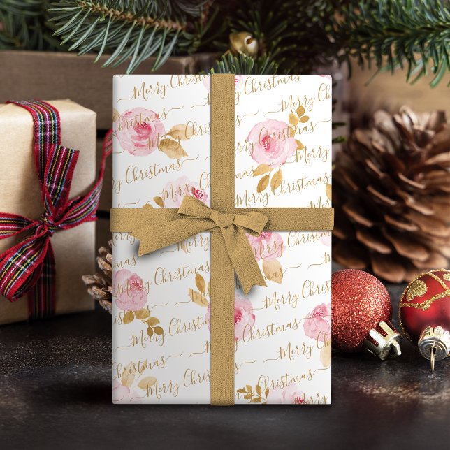 Papel De Presente Dourada Manuscrito de Natal Personalizado Floral (Gold Personalized Merry Christmas Script Floral Wrapping Paper)