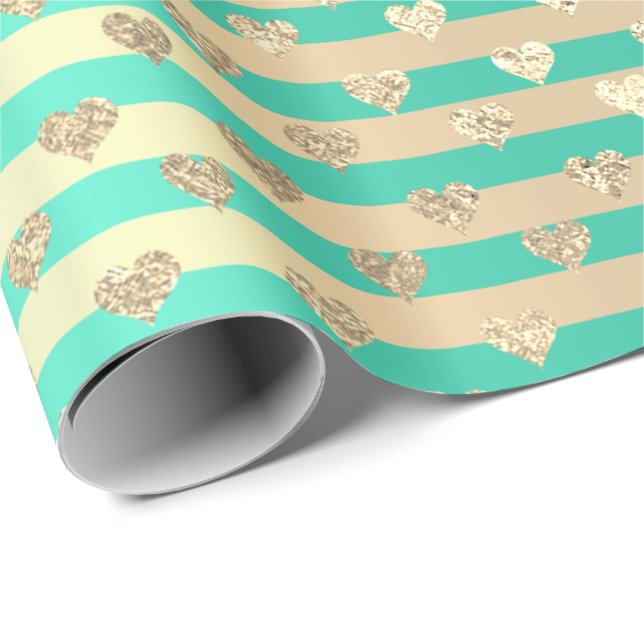 Papel De Presente Dourada Mint de Champaigne das Linhas de Faixa (Ponta do rolo)