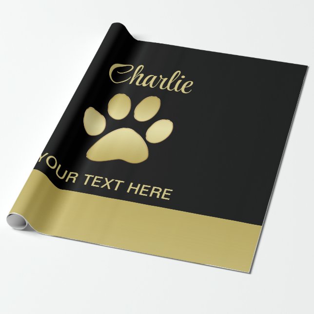 Papel De Presente Dourada pata de cão brilhante sobre fundo negro (Desenrolado)