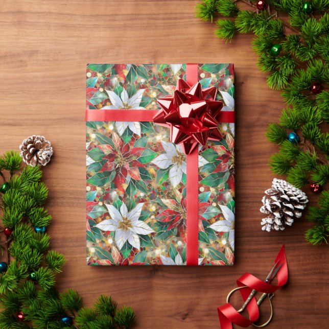 Papel De Presente Dourada Poinsettia Branca Vermelha (Presente de Natal)