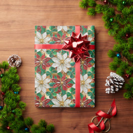 Papel De Presente Dourada Poinsettia Vermelha Branca