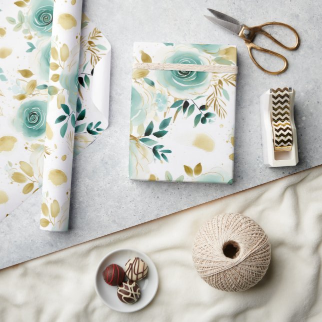 Papel De Presente Dourada Rosa Floral de Mint Green (Artesanato)