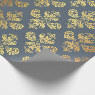 Papel De Presente Dourada Royal Damask Ornamental Floral Cinza Azul 