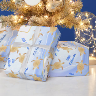 Papel De Presente Dourada tartaruga azul Mele Kalikimaka Natal