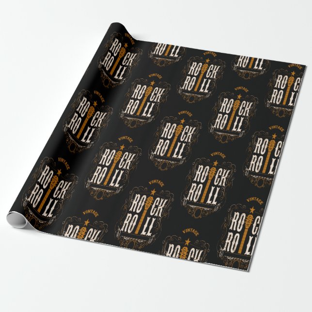 Papel De Presente Dourada Vintage Rock And Roll (Desenrolado)