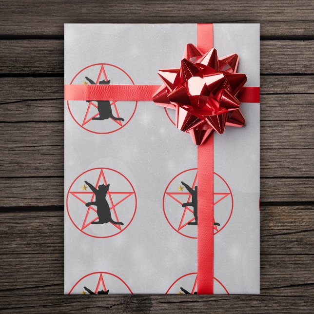Papel De Presente Douradas estrelas de gatos pretos do Halloween na  (Red pentagrams in circles Black cat silhouette gold stars on grey Halloween wrapping paper.)