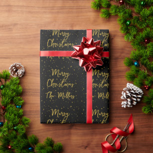 Papel De Presente Douradas estrelas e cinzas pretas Natal feliz