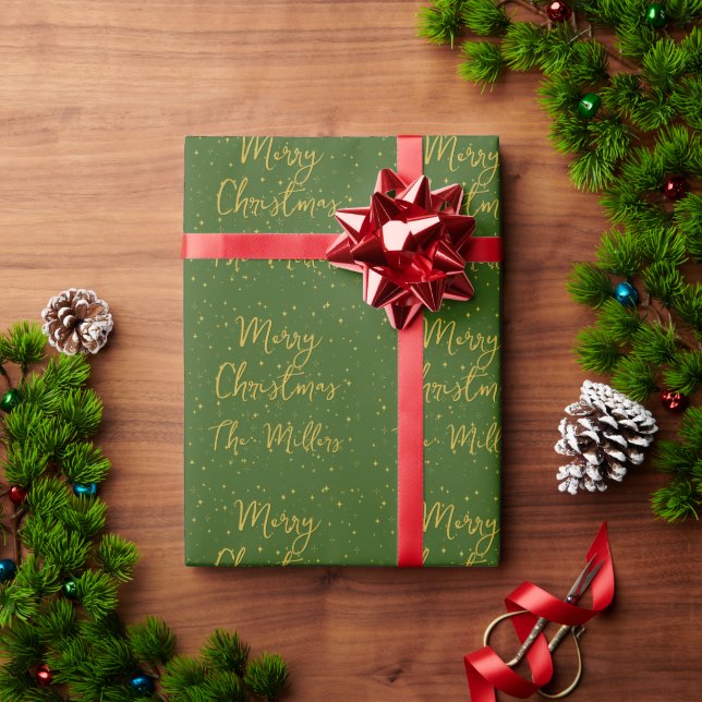 Papel De Presente Douradas estrelas e cinzas verdes Feliz Natal (Presente de Natal)