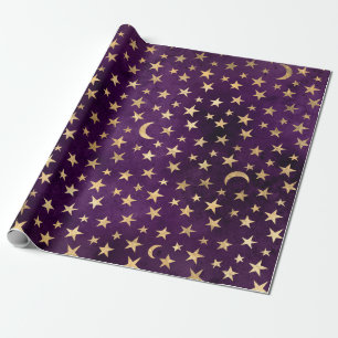 Papel De Presente Douradas estrelas e luas em roxo