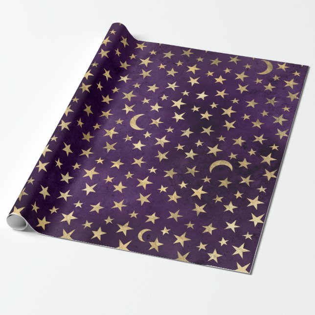 Papel De Presente Douradas estrelas e luas em roxo (Desenrolado)