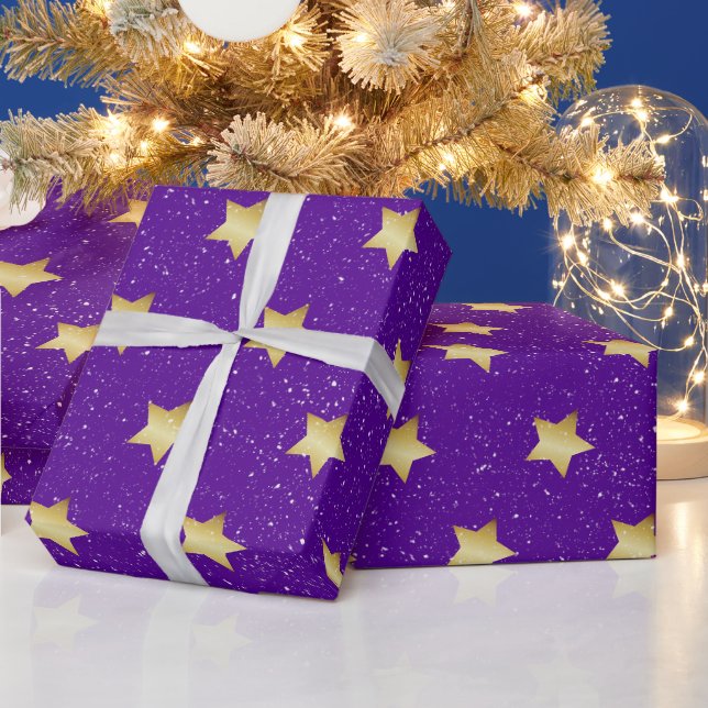 Papel De Presente Douradas estrelas em roxo com flocos de neve (Feriados)