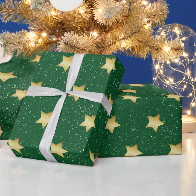 Papel De Presente Douradas estrelas em verde com flocos de neve (Feriados)