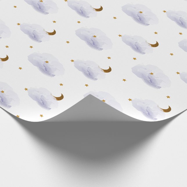 Papel De Presente Douradas estrelas, lua e nuvens de Lavanda (Ponta)