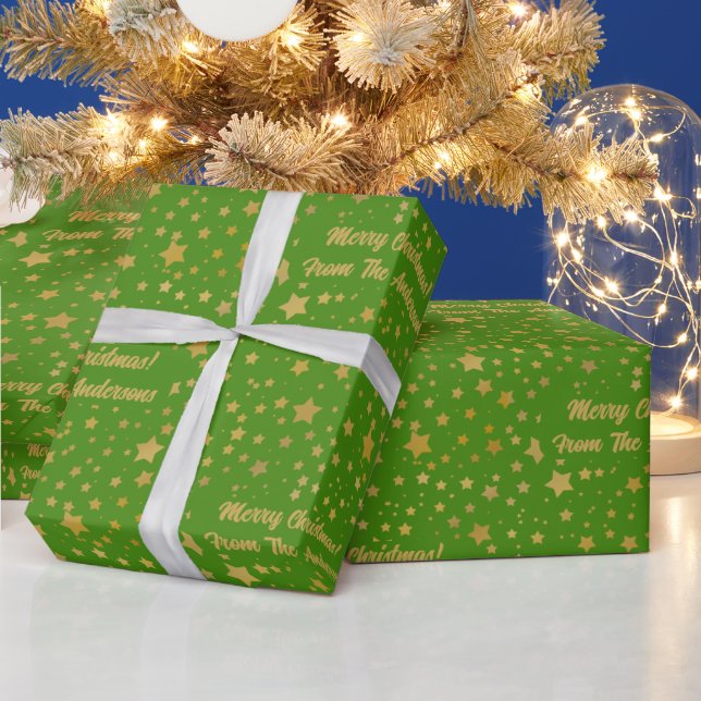 Papel De Presente Douradas estrelas no Natal Verde (Feriados)
