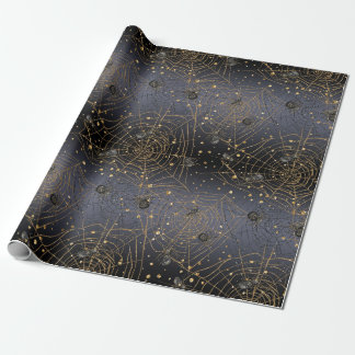 Papel De Presente Douradas Webs de Aranha no Fundo da Noite Negra