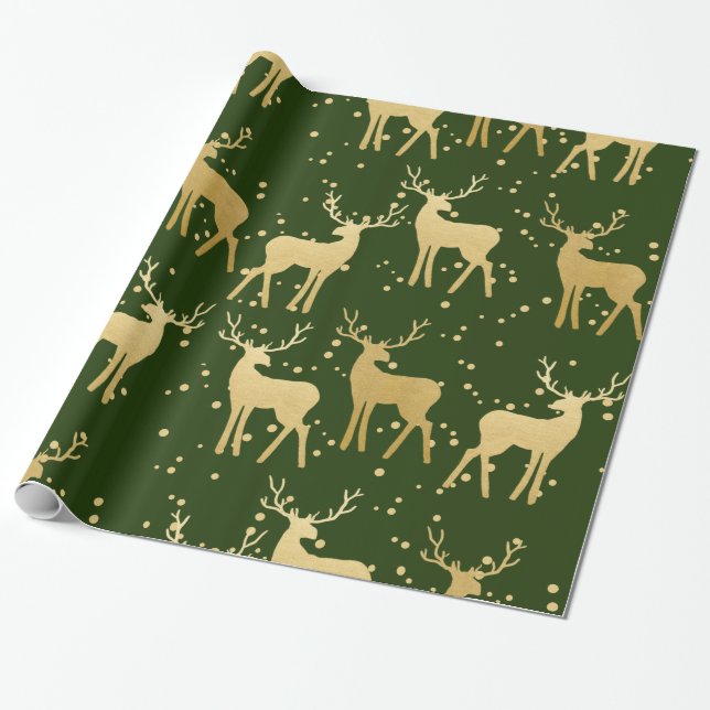 Papel De Presente Dourado Antler Reindeer Elegante Verde | Bolinhas (Desenrolado)