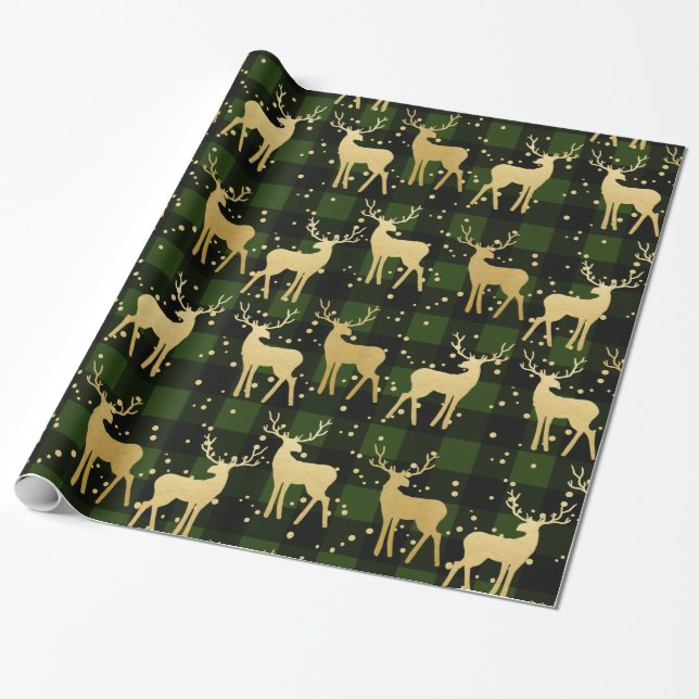 Papel De Presente Dourado Antler Reindeer Green | Padrão de Xadrez d (Desenrolado)