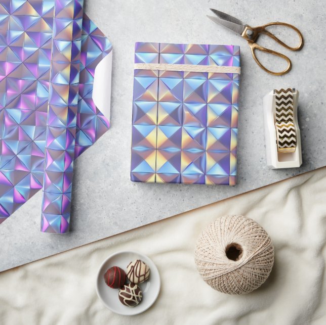 Papel De Presente Dourado, Azul e Roxo Geométrico Iridescente 2 (Artesanato)