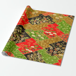 Papel De Presente Dourado Black Green Japonês Kimono Floral Decoupag