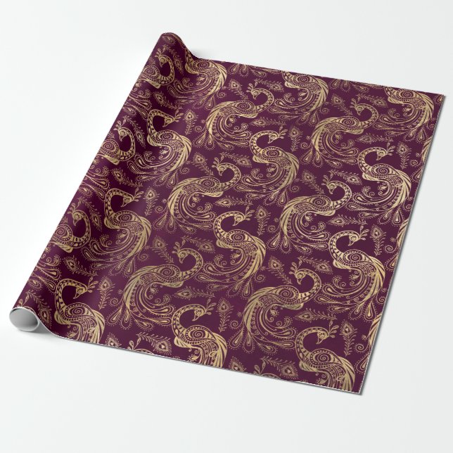 Papel De Presente Dourado Boho Peacocks em Roxo (Desenrolado)