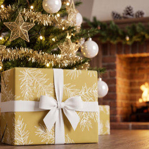 Papel De Presente Dourado Branco Moderno Elegante Botânico Pinheiro