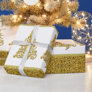Papel De Presente Dourado brilho com árvore de Natal em árvore