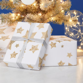 Papel De Presente Dourado brilho Estrelas Feliz Natal Branco