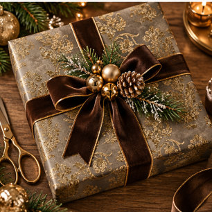 Papel De Presente Dourado & Bronze Marrom Damask Falso Veludo Natal