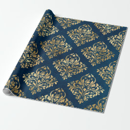 Papel De Presente Dourado Damask on Blue