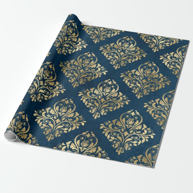 Papel De Presente Dourado Damask on Blue (Desenrolado)