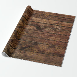 Papel De Presente Dourado Damask on Brown Wood