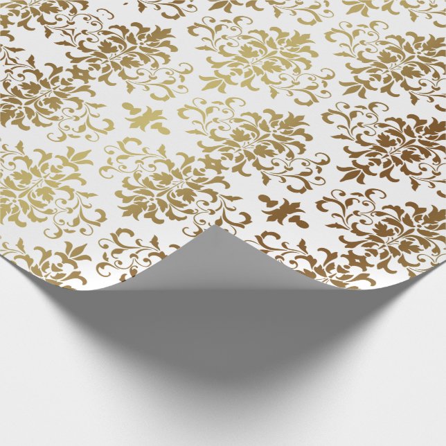 Papel De Presente Dourado Damask White Script Elegante (Ponta)