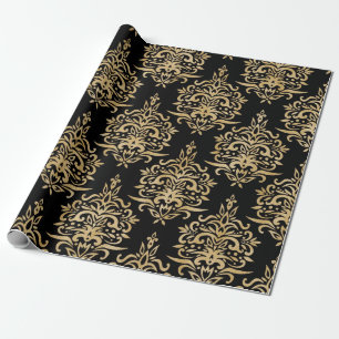 Papel De Presente Dourado e preto, teste padrão do damasco