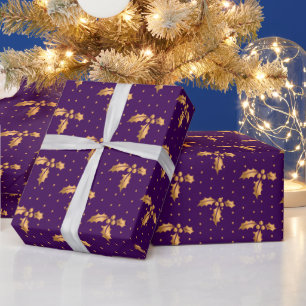 Papel De Presente Dourado e Purple Christmas Holly