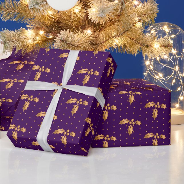 Papel De Presente Dourado e Purple Christmas Holly (Feriados)