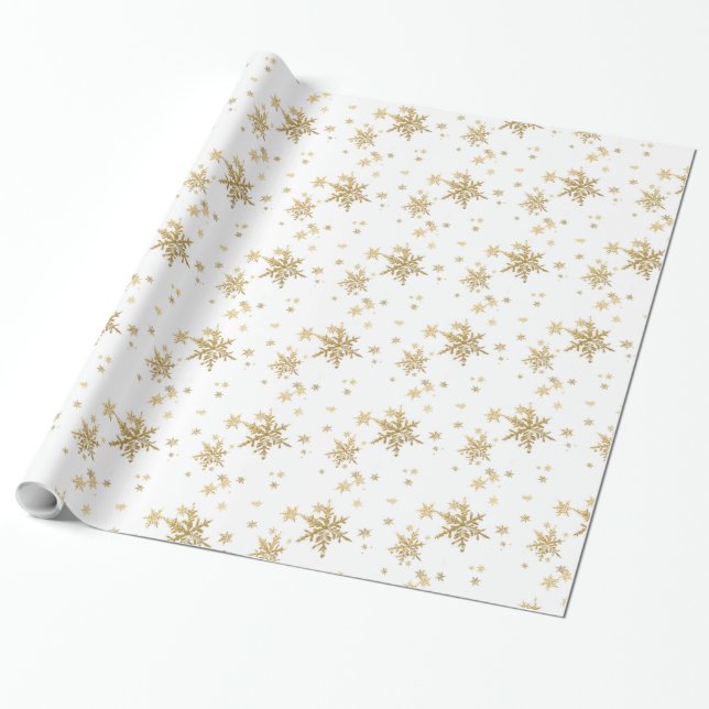 Papel De Presente Dourado Flocos de Neve - Papel Branco (Desenrolado)